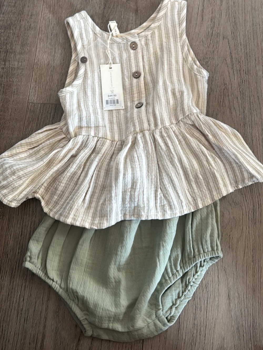 Quincy Mae Cream Striped Peplum Top & Sage Bloomer